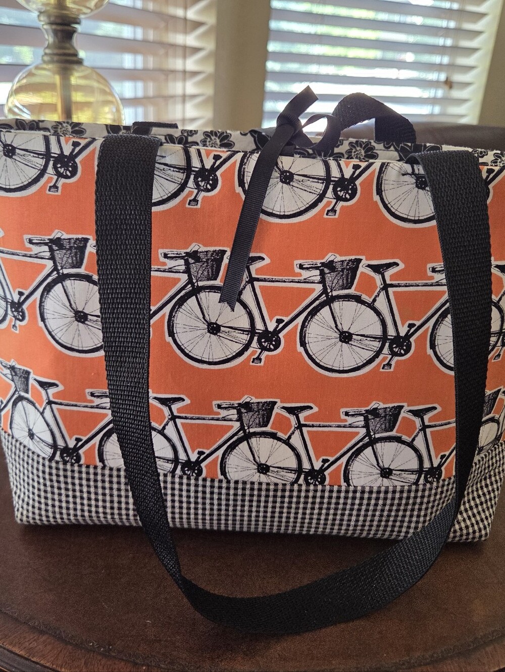 Homemade Bicycle Tote Bag. Orange, Black & White